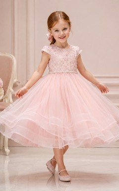 Blumenmädchenkleid aus rosafarbenem Tüll, A-Linie, Rundhalsausschnitt, Teelänge, Schleifendetail