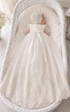 Cross Embroidered Baptism Gown A-Line Tulle Lace Long Sleeve Floor-Length