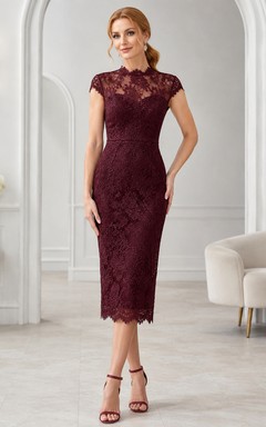 Burgundy High Neck Cap Sleeve Lace Sheath Tea Dress Reception