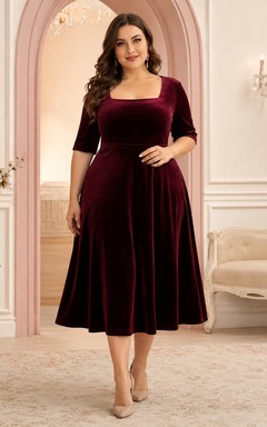 Vestido de cóctel de terciopelo burdeos de talla grande con cuello cuadrado, manga corta y corte en A, largo hasta la rodilla