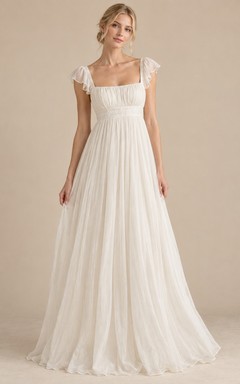 Vestido de novia sencillo de manga larga hasta el suelo, sin mangas, de gasa de algodón fruncida, con escote cuadrado y corte imperio.