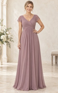 Vestido de gasa de corte A largo hasta el suelo, estilo imperio, con escote en V, mangas cortas y cuello imperio, color malva, ideal para la madre de la novia.