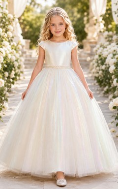 Flower Girl Dress A-Line Cream Iridescent Tulle Cap Sleeve Garden Formal
