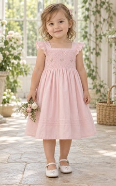 Rosa A-Linien-Kleid im Landhausstil mit eckigem Ausschnitt, gerafften Rüschenärmeln und knielangem Bündchensaum für Blumenmädchen