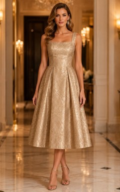 Gold Tea-Length Square Neck Taffeta A-Line Luxury Formal Dress Red-Carpet