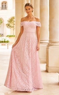 Blush Lace Off Shoulder Short Sleeve Evening Gown