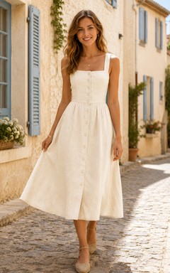 Cream square neck wide strap linen vacation midi dress