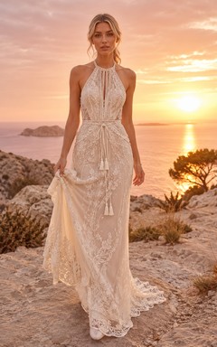 Robe de mariée bohème à col montant, dos nu, dentelle ajourée, fourreau et franges, pour un mariage à destination