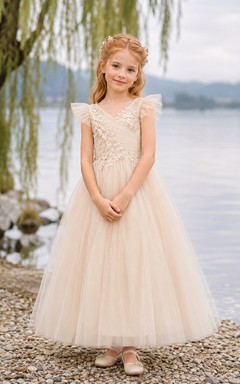 A-Line Flowergirl Lace Tulle Floor-Length Sleeveless Lakeside Wedding Dress with Floral Bodice
