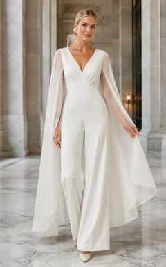 Courthouse Bridal V-Neck Cape Sleeve Jumpsuit Wedding Dress