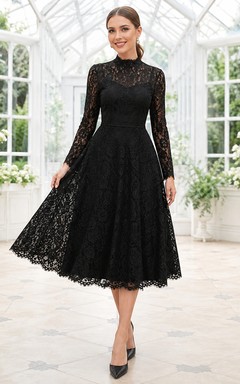 Schwarzes Vintage-Cocktailkleid mit hohem Kragen, Illusionsspitze und langen Ärmeln