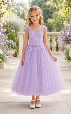 Pastel Tulle with Applique Bodice Lace A-Line Flower Girl Dress with Short Sleeves, Jewel Neck and Tea-Length Skirt