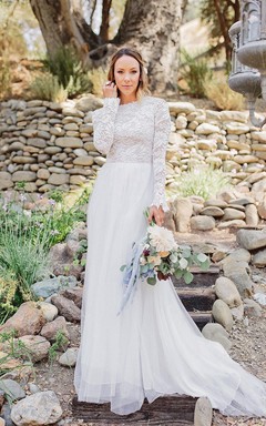 Vestido de novia de gasa, tul y encaje de manga larga
