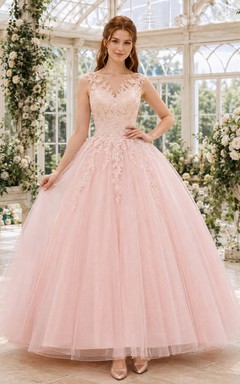 Vestido de fiesta largo hasta los tobillos de princesa con encaje y tul, estilo ilusión, con escote barco, para debutantes.