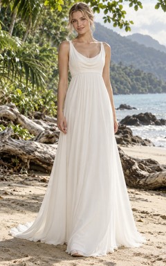 Schlichtes, ärmelloses Brautkleid in A-Linie mit rundem Ausschnitt und bodenlanger Silhouette, natürlicher Taille