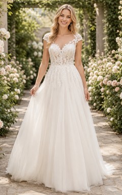 Brautkleid aus Tüll mit Gartenspitze, kurzen Ärmeln und A-Linien-Schnitt