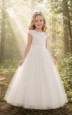 Blumenmädchenkleid, elfenbeinfarben, Spitze, Tüll, A-Linie, kurze Ärmel, Rundhalsausschnitt, Teelänge