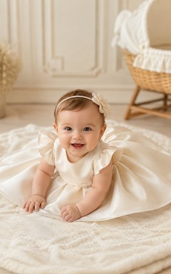 Modern Baby Baptism Christening Ceremony Dress A-Line Knee-Length Jewel Neck Sleeveless Satin Button Back