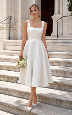 Vestido de novia civil de satén con escote cuadrado y largo hasta la rodilla