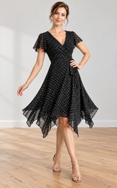 Vintage Black Polka Dot V-neck Flutter Sleeve Asymmetric Cocktail Dance Dress