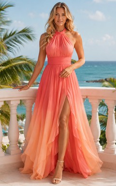 Coral Halter Pleated Chiffon Resort Birthday Maxi Dress