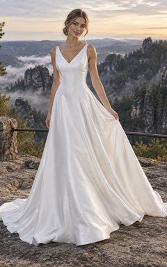 Vestido de novia sencillo de satén con escote en V, corte en A, sin mangas y cola.