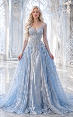 Robe de bal bleu ciel en tulle perlé, décolleté cœur et traîne chapelle, robe de soirée de luxe