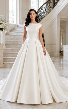 Simple Modest Bateau Cap Sleeve Satin Ball Gown Chapel Train Trouwjurken Wedding Dress