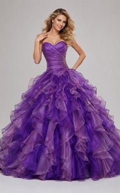 Dreaming Sweetheart Ruched Ball Gown With Cascading Ruffles and Rhinestones