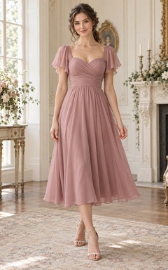 Vestido de dama de honor de gasa color rosa empolvado, manga corta, largo hasta la rodilla y escote corazón.