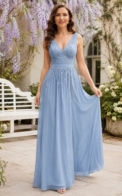 Sky Blue V Neck Sleeveless Chiffon Pleated A-Line Floor Length Garden Dress