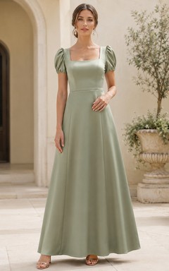 Celadon Satin Square Neck Puff Sleeve Floor Formal Dress Low-V Back Zipper