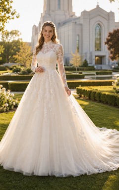 Robe de bal en tulle et dentelle à manches longues, style bateau, de luxe, pour une cérémonie de mariage de chapelle.