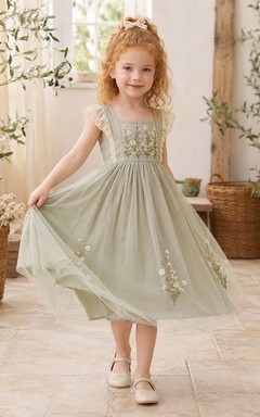 Robe Sage Flower Girl Trap en tulle et dentelle, col carré, sans manches, à fleurs, longueur thé