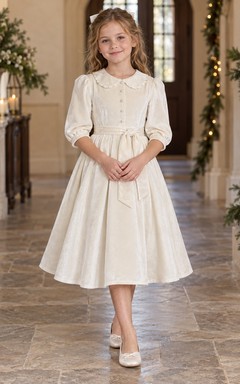 Ivory Velvet Puff Sleeve Scalloped Collar Sash Tea-length Flower Girl Dress
