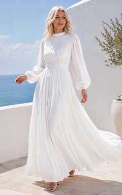 White High Neck Long Sleeve Bell-Cuff Chiffon Beach Dress