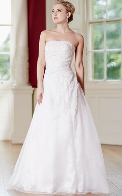 A-Linien-Brautkleid aus Satin, bodenlang, appliziert, trägerlos, ärmellos, mit Schnürung am Rücken und seitlicher Drapierung
