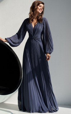 Vestido de noche largo formal con mangas | Vestido de invitada de boda de manga larga | Vestido de gasa azul marino para la madre de la novia