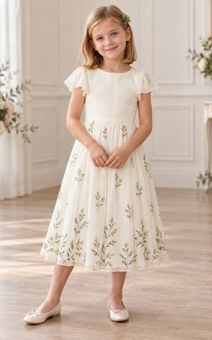 Modest Simple Cream Tea-length Jewel Sheer Flutter Sleeves Branch-Print Gathered Chiffon A-line Flowergirl Dress