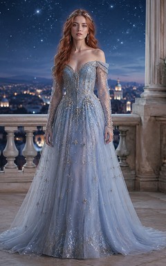 Himmelblaues, perlenbesetztes, schulterfreies A-Linien-Abendkleid aus Tüll mit Kapellenschleppe