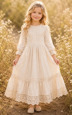 Vestido de niña de las flores, color marfil, encaje, tul, corte en A, manga larga, escote redondo, largo midi, detalle de volantes.