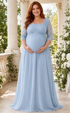 Sky Blue Plus-Size Maternity Lace Square-Neck A-Line Floor-Length Half-Sleeve Romantic Evening Gown