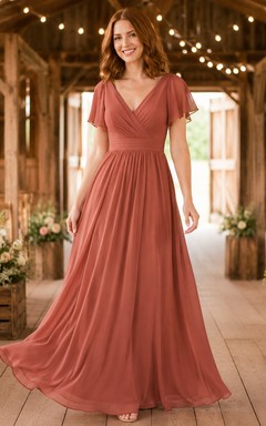 Terracotta Chiffon A-Line V-Neck Flutter Sleeve Pleated Low Back Floor-Length Bridesmaid Dress