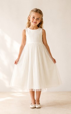 Simple Tulle with Bow Back A-Line Flower Girl Dress with Jewel Neck and Tea-Length Skirt