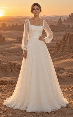 Vestido de novia sencillo de gasa con escote cuadrado y mangas largas, corte en A