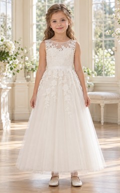 Ivory Floral Illusion Jewel Sleeveless Ankle-length A-Line Gathered Tulle Satin Sash Button Flowergirl Dress