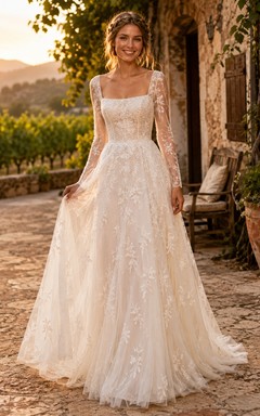 Robe de mariée champêtre en dentelle à manches longues et col carré