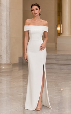 Off-the-Shoulder Satin Sheath Split Formal Wedding Dress