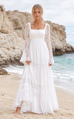 Boho Modest Square Neck Long Sleeve Tiered Chiffon Beach Dress