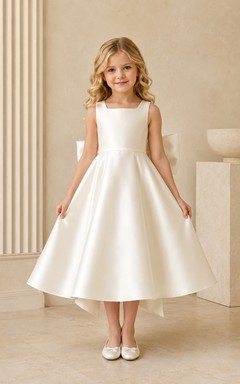Vestido de niña de las flores, satén color marfil, corte en A, cuello joya, largo midi, detalle de lazo.